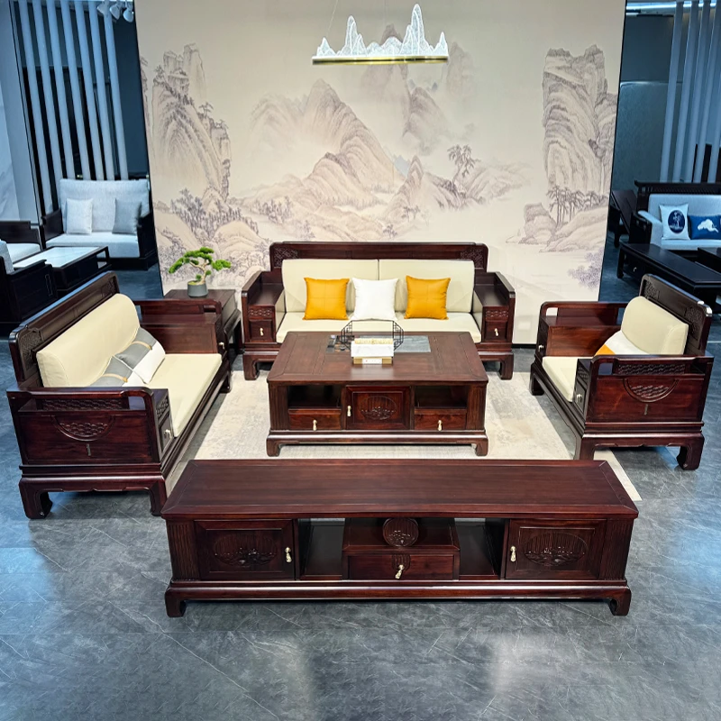 新中式冬夏黑檀实木高档别墅雕花大户型沙发榫卯结构