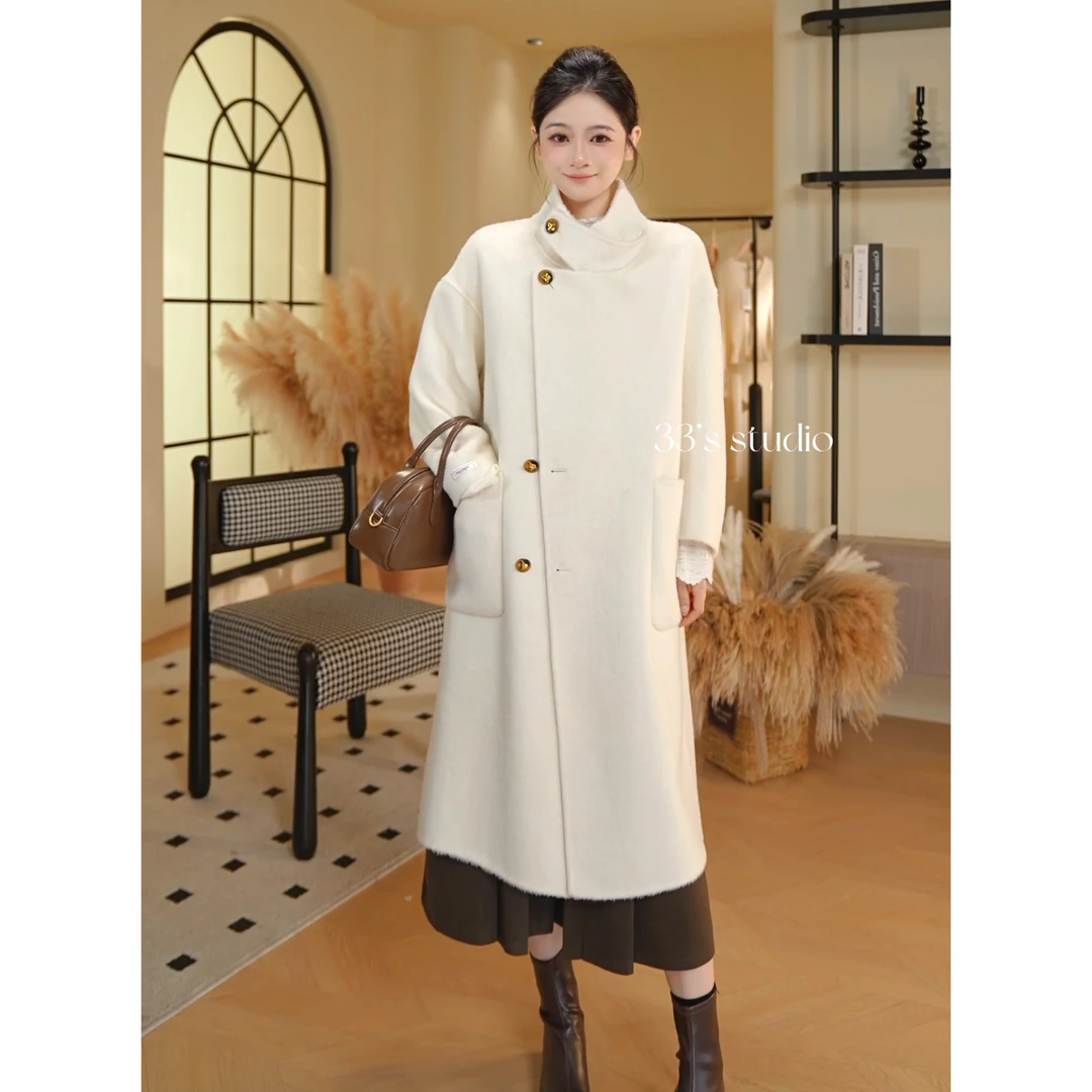 2024长款韩版气质宽松羊毛呢秋冬新款外套女过膝立领时尚羊毛大衣