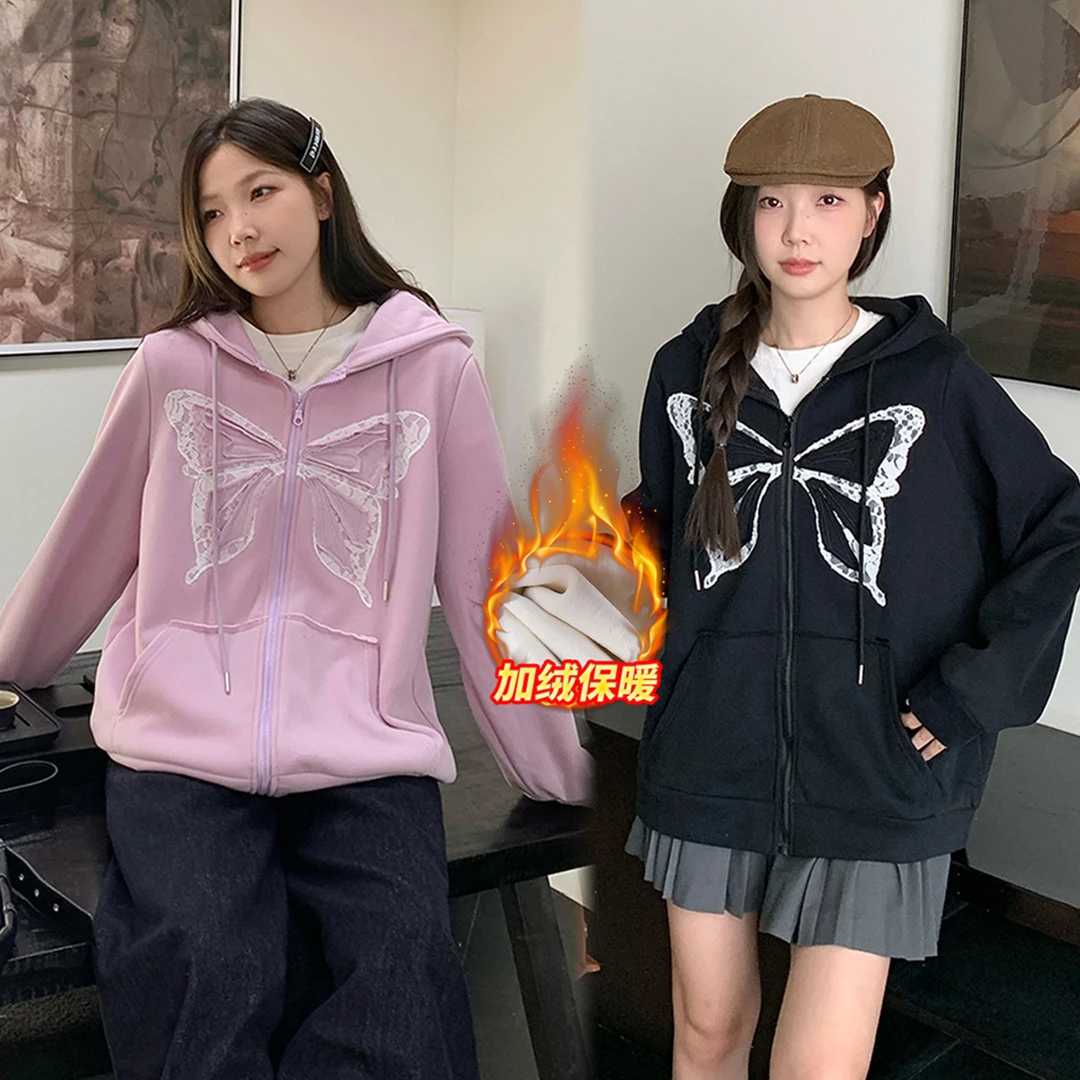 清大码女2024冬装蕾丝蝴蝶贴布绣连帽卫衣显瘦加绒上衣外套63858