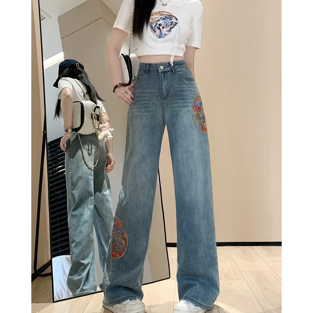 清大码女2024秋季中国风阔腿牛仔裤胖妹妹新中式显瘦直筒裤65416