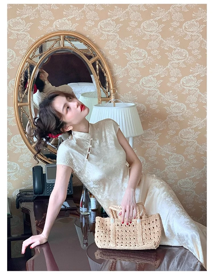 酒午自制缎面提花旗袍裙女复古国风新中式短袖连衣裙KLF3193