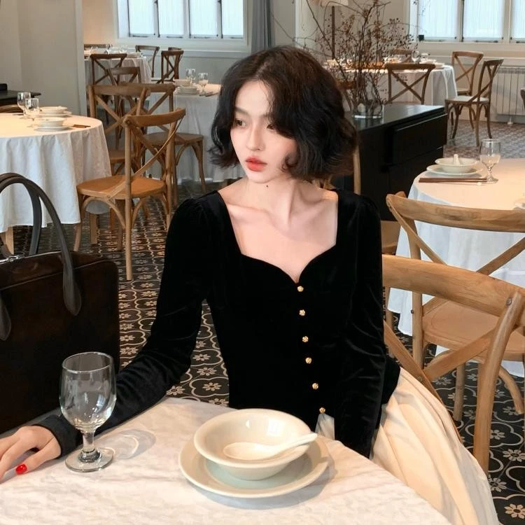 酒午自制【手写情书】秋冬新款方领加厚丝绒短款时尚气质上衣外套女