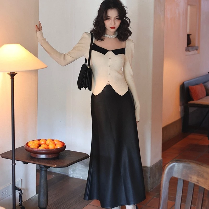 酒午港风复古 2022冬季高腰pu皮半身裙显瘦a字中长款裙子KLF2833