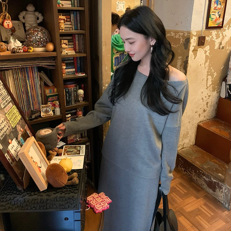 酒午自制港风复古显瘦新款【暖云天】斜肩上衣+半身裙秋-KLF3847