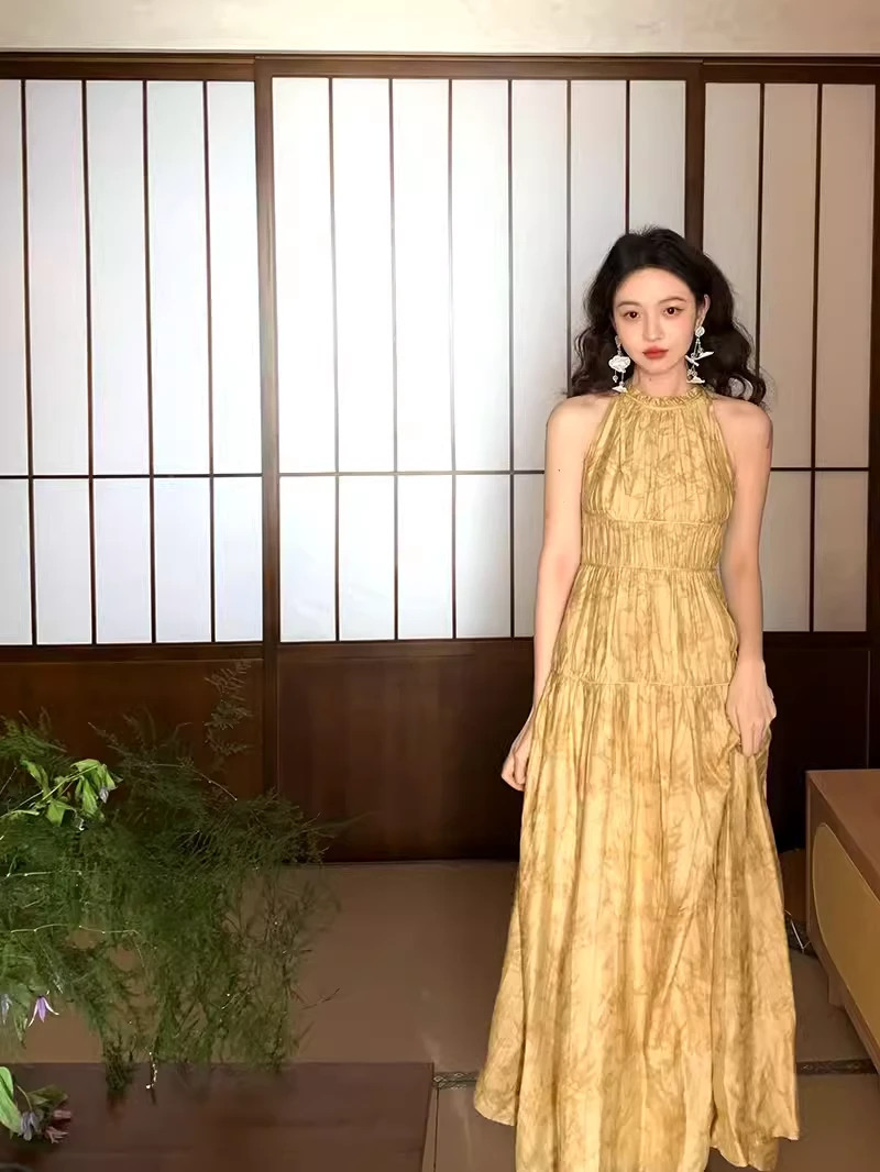 酒午自制【竹枝词】新中式国风竹子提花无袖挂脖长裙女KLF3576