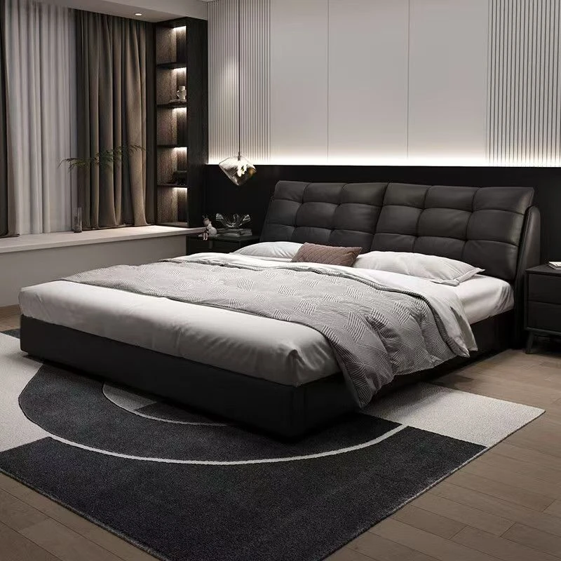 首宅齐边泡芙主卧床轻奢大床极简意式头层牛皮落地高箱储物主卧床
