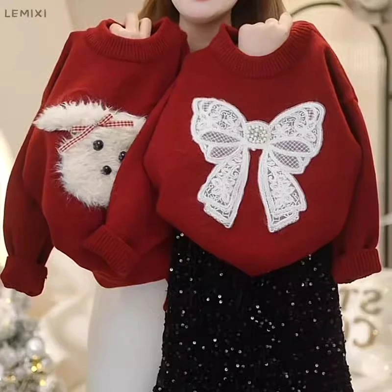 女童红色本命年毛衣2024冬季拜年服本命年蝴蝶结针织衫卡通打底衫