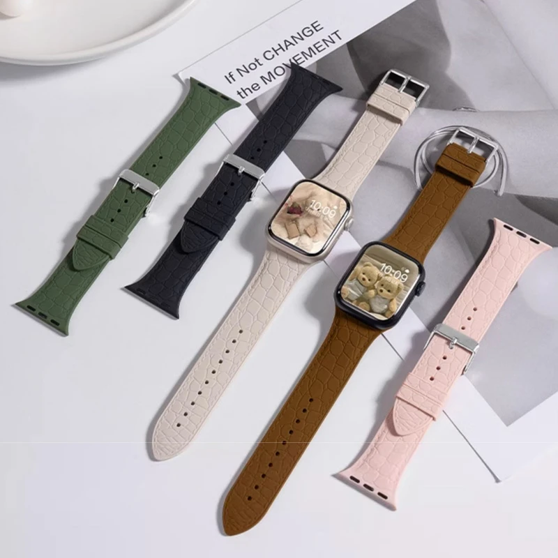 【清仓-全新不换不退】适用苹果手表荔枝纹硅胶七彩表带applewatch