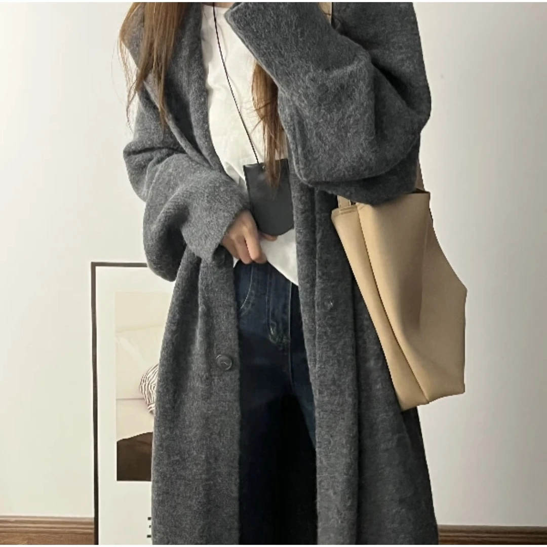 【原版两斤带质检报告】秋冬针织开衫女长款毛衣外套连帽大衣X848