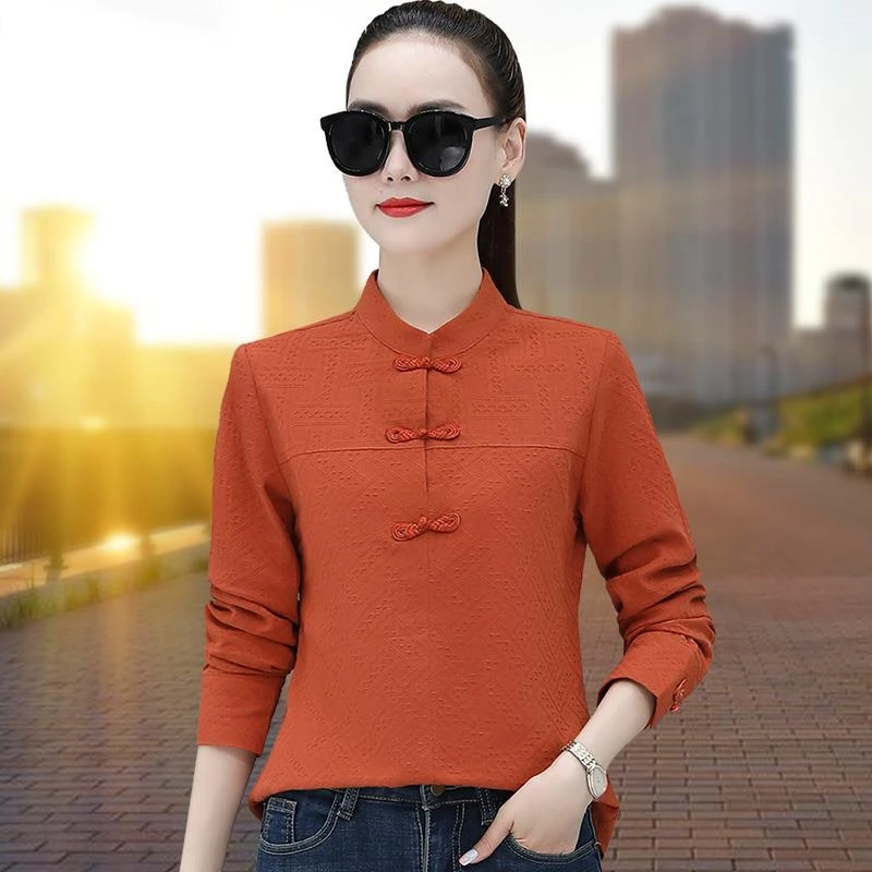 2023秋季新款中式复古长袖衬衫女纯棉小衫时尚中老年妈妈春秋衬衣