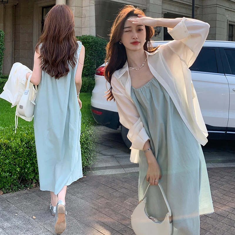 孕妇套装夏季新款法式宽松大码显瘦遮肚外穿防晒衬衫背心裙两件套