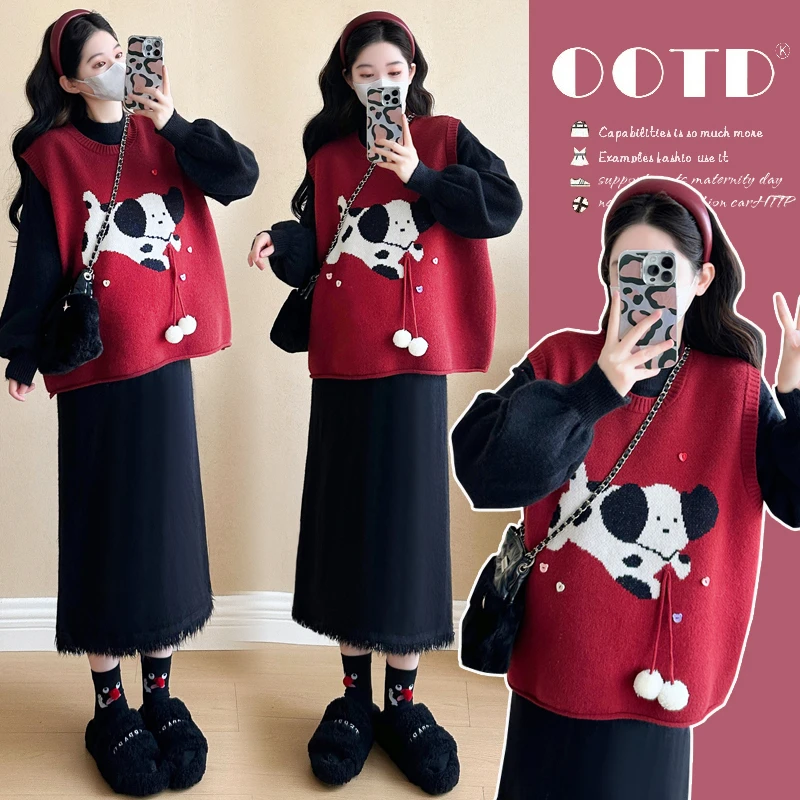 孕妇套装秋冬新款时尚韩版洋气减龄卡通毛衣马甲显瘦流苏打底裙子