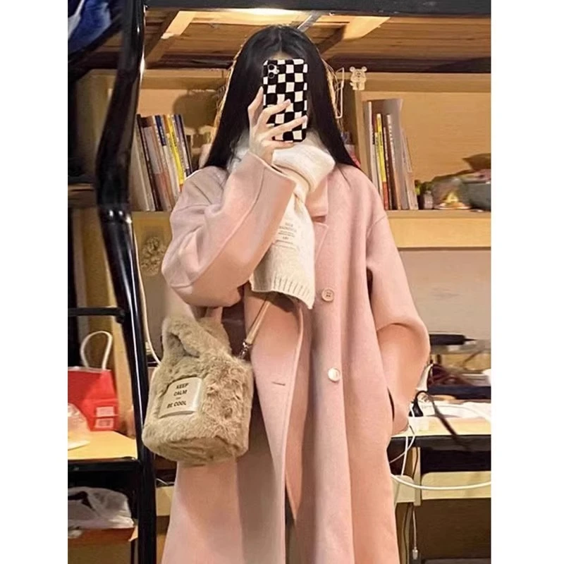 粉色双面毛呢大衣2024秋冬新款韩版宽松中长款爆款加厚呢子外套女