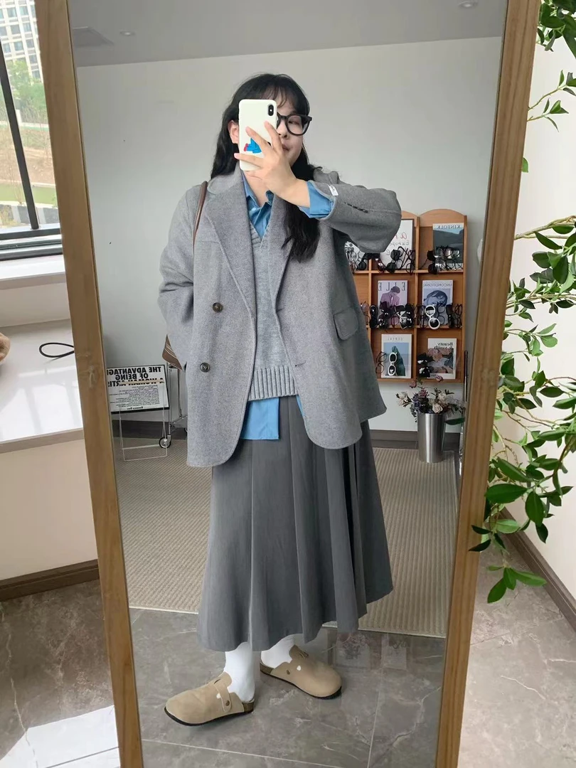 双面毛呢短款大衣女2024秋冬新款韩版宽松小个子呢西装外套B8878