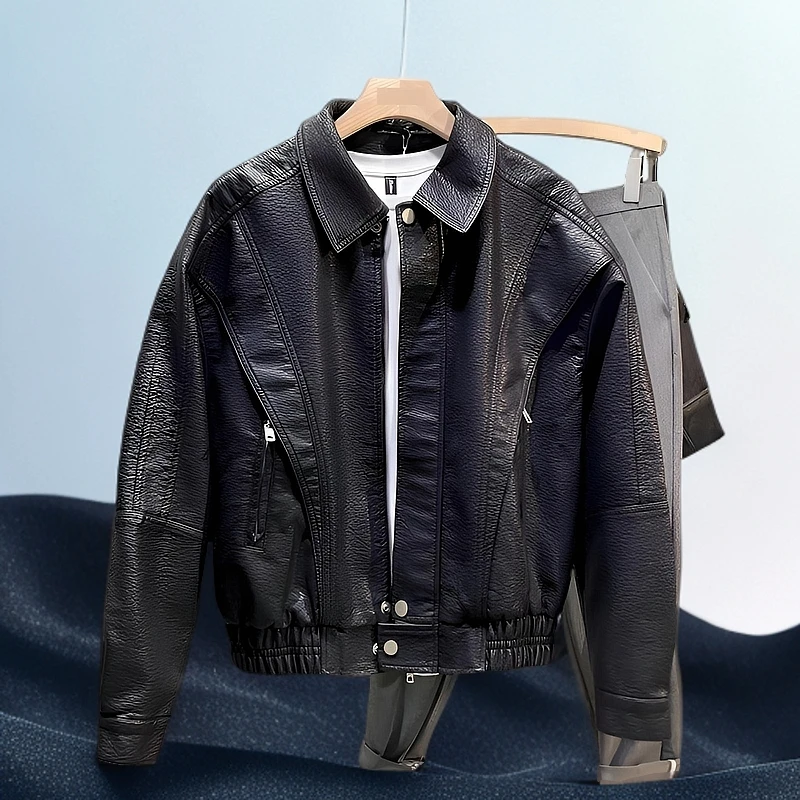 潮流机车服皮衣夹克男外套短款翻领拉链休闲痞帅男装春秋复古百搭