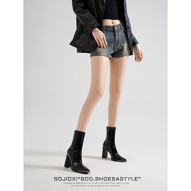 SOJIOX l肯豆同款高跟短靴女2024年新款黑色高跟鞋秋冬粗跟瘦瘦靴