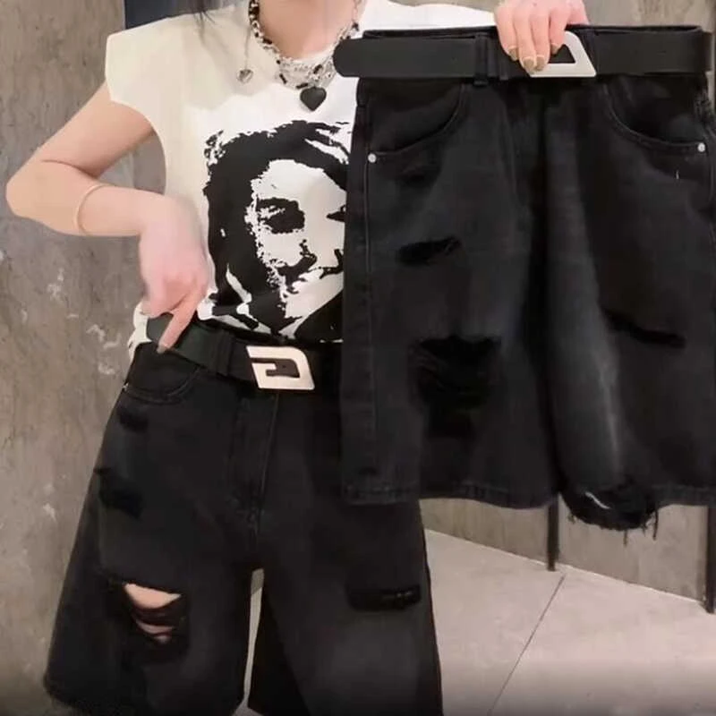 大码2024夏季薄款高腰破洞牛仔短裤女胖mm显瘦黑色阔腿A字五分裤