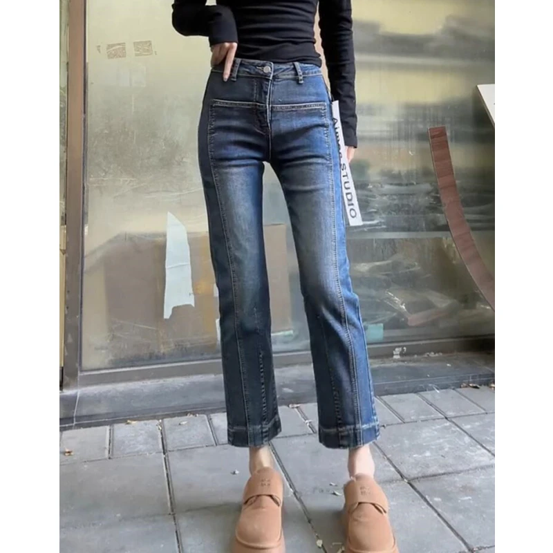 2025年秋冬新款高腰加绒直筒牛仔裤女小个子设计感弹力显瘦烟管裤