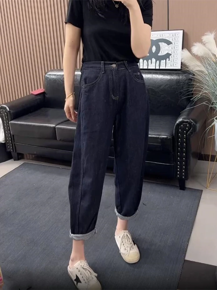 2025年夏季新款普洗蓝九分哈伦牛仔裤女小个子弹力高腰显瘦老爹裤