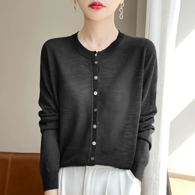 竹节麻春秋圆领开衫女宽松防晒短款空调衫简约显瘦纯色气质针织衫