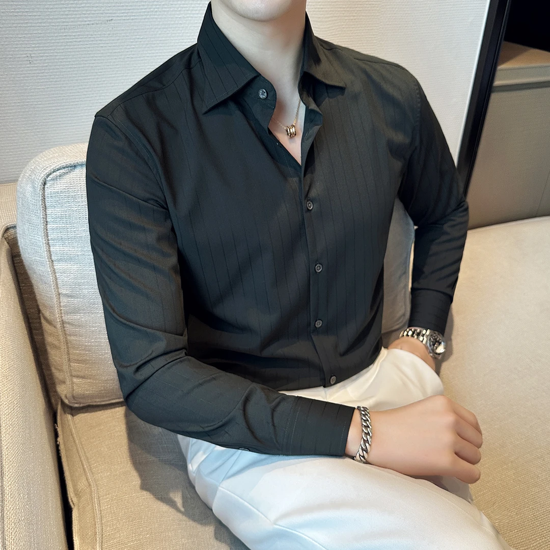 欧米朵法式条纹衬衫男长袖春秋高级感商务休闲英伦痞帅V领衬衣