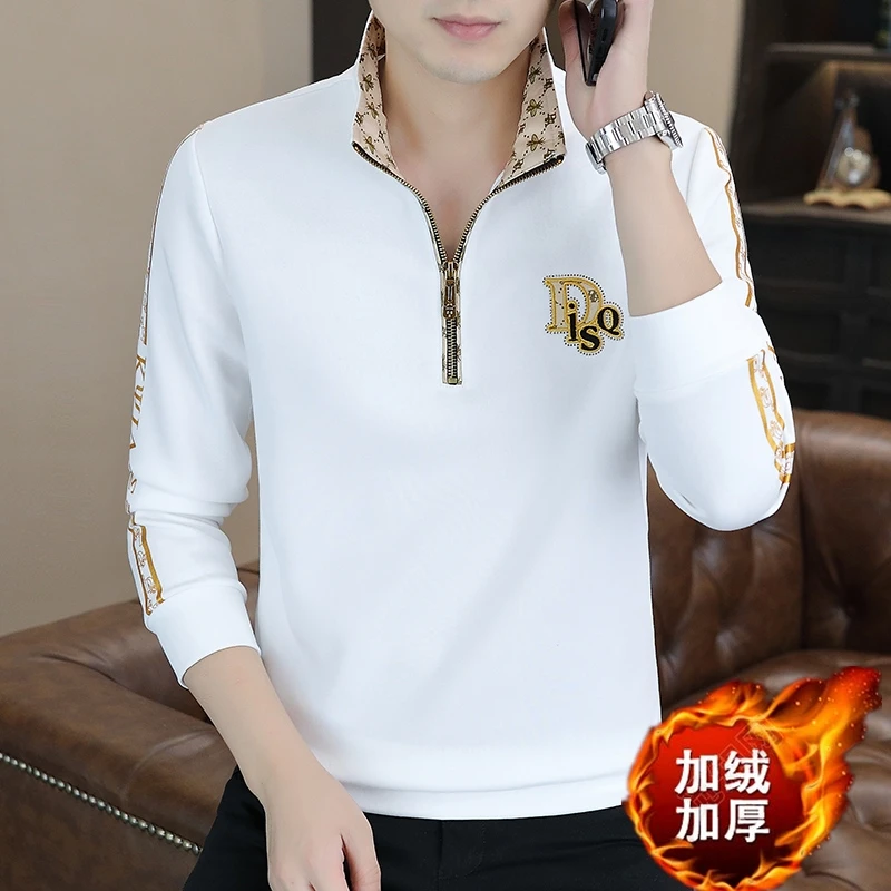 欧米朵半高领加绒加厚卫衣男士秋冬季半拉链潮流长袖t恤打底衫