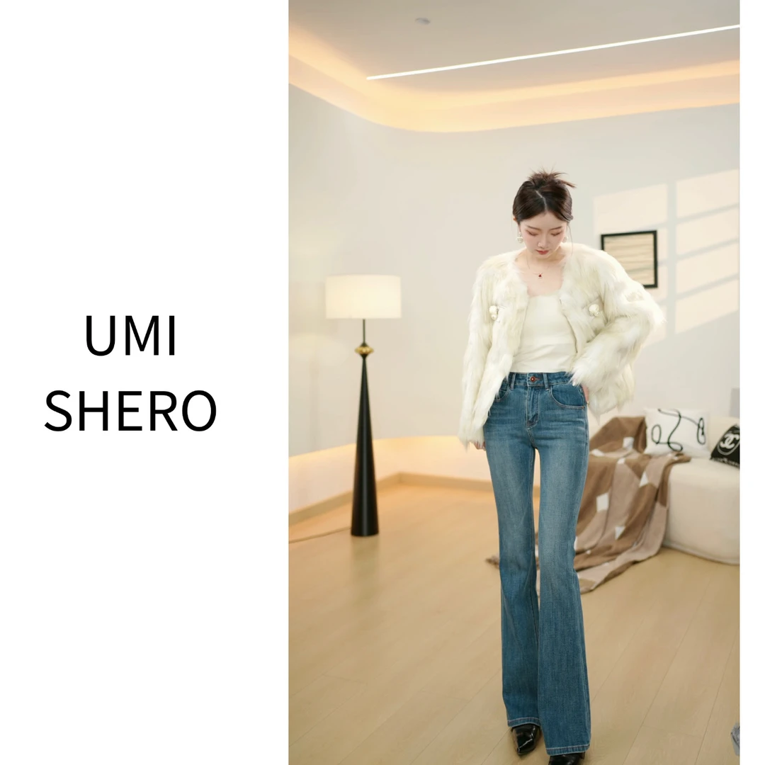UMI SHERO  垦丁蓝-秋冬加绒新款高弹力高腰微喇牛仔裤女通勤1008