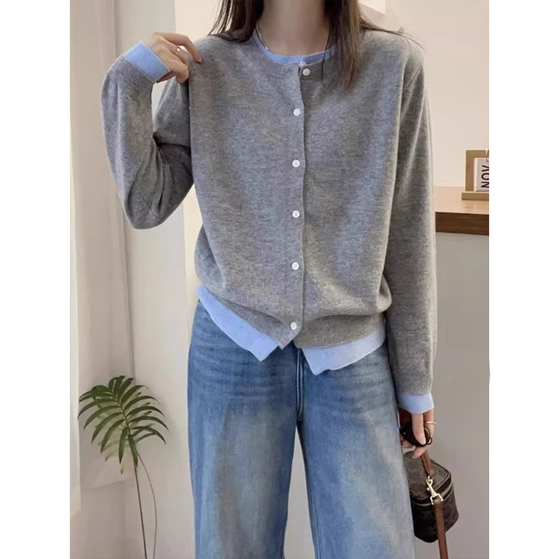 拼色假两件针织开衫秋季2025新款时髦洋气简约衫休闲显瘦长袖毛衣