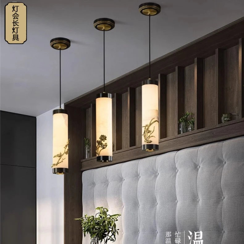 全铜云石单头小吊灯现代新中式卧室床头灯玄关过道餐厅茶室吊线灯