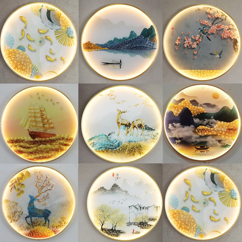 新中式壁画灯客厅背景墙灯玄关装饰画灯圆形走廊茶室禅意挂画灯