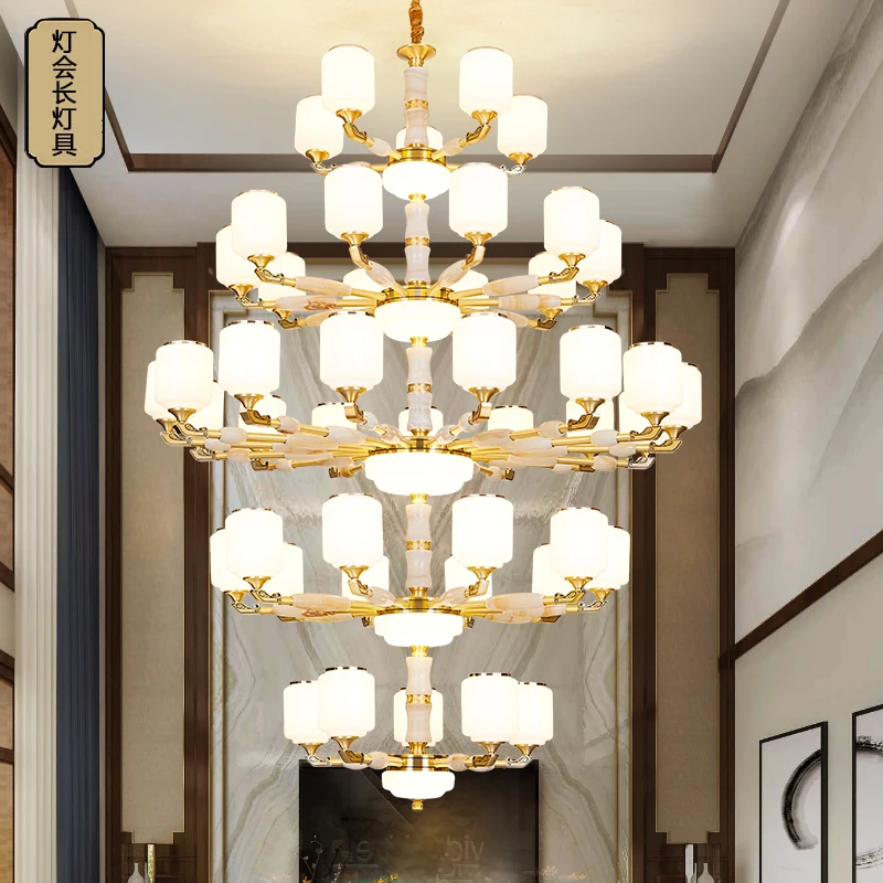 新中式玉石吊灯客厅灯别墅中空复式楼自建房客厅楼梯间大吊灯8877