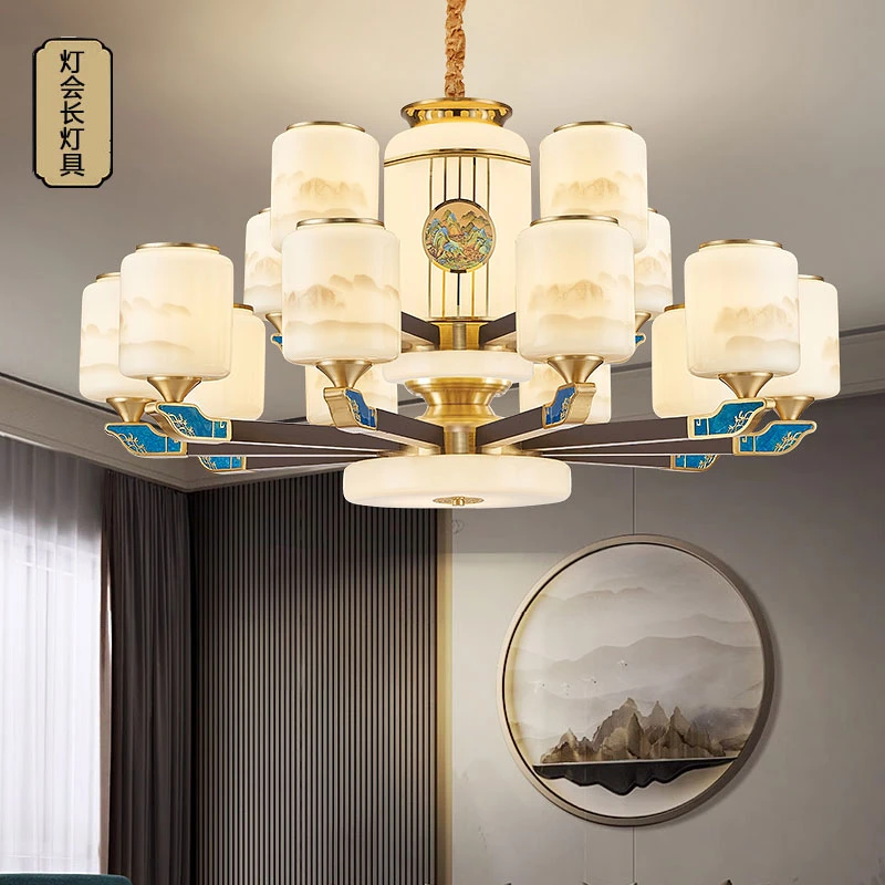 新中式吊灯全铜实木客厅灯大气中国风禅意餐厅卧室别墅大吊灯6011