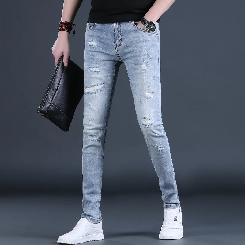 【MR.25】高档男士破洞牛仔裤男款2025春夏新款潮流修身小脚男裤
