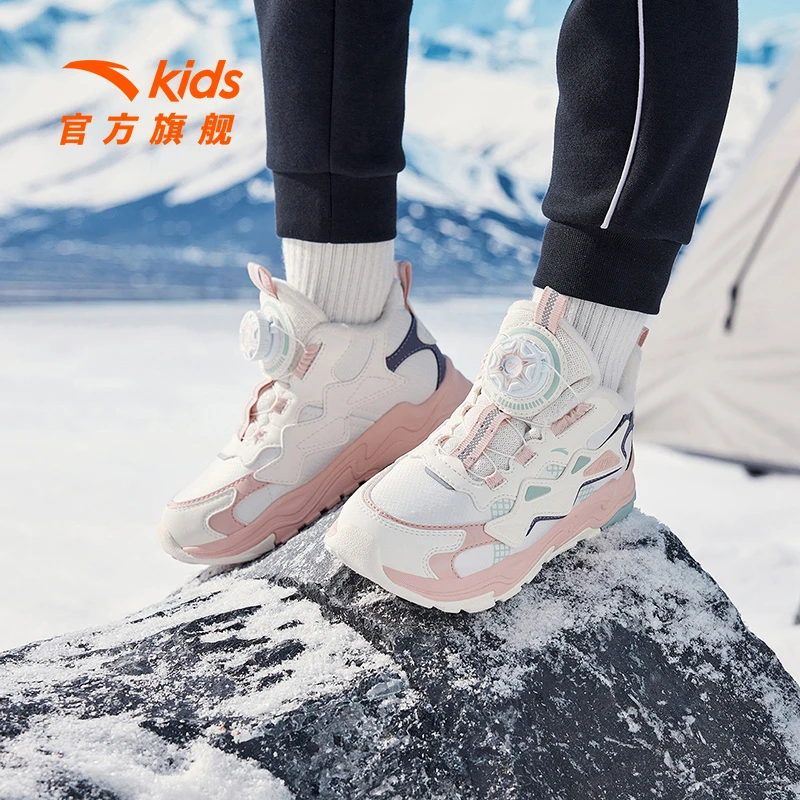 安踏儿童女小童2023冬季新款棉鞋防滑耐磨加绒款高帮旋钮搭扣棉鞋