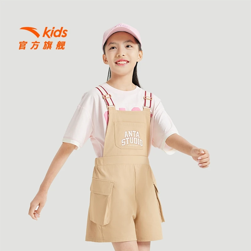 安踏儿童女大童背带裤2024夏款舒适亲肤运动休闲背带裤可调节短裤