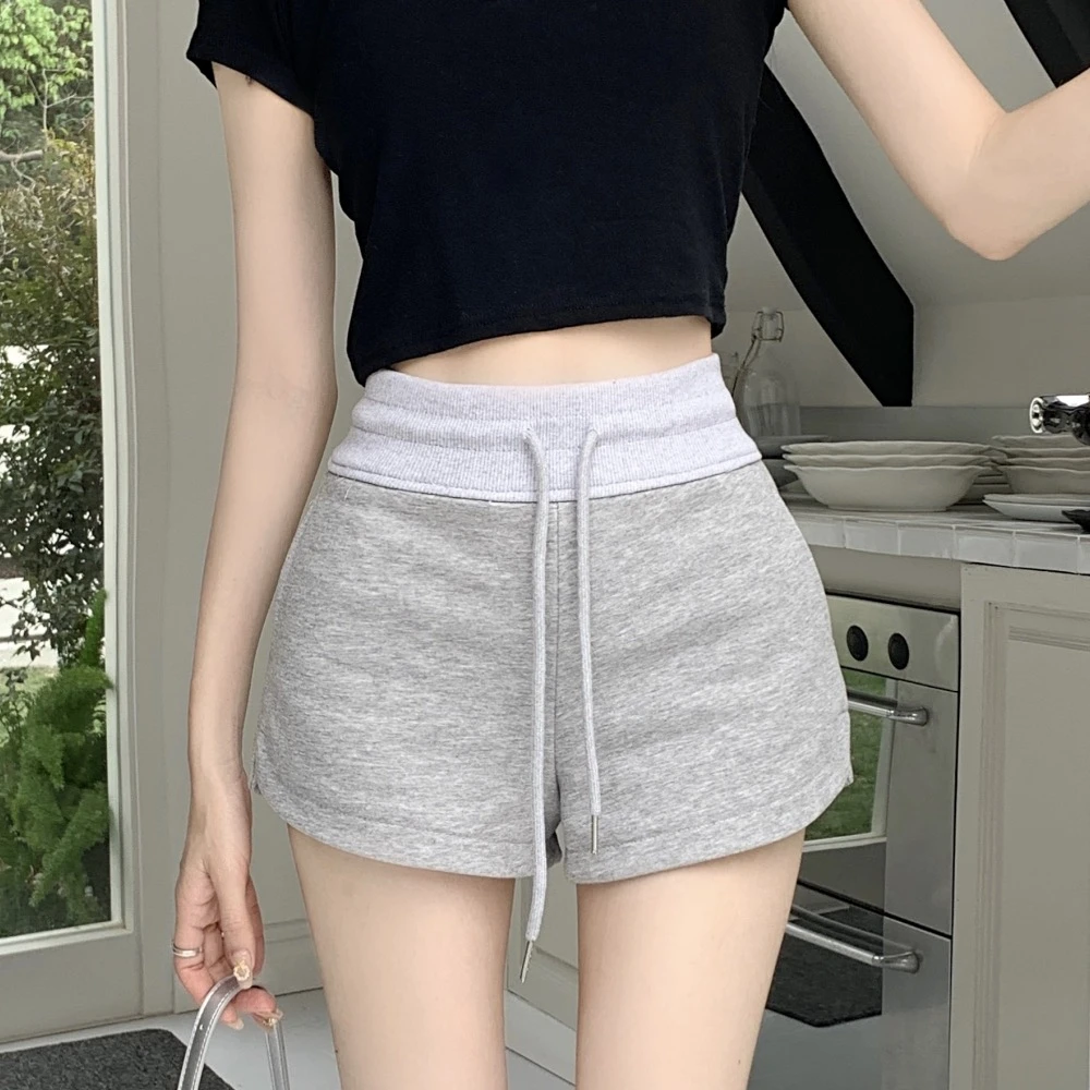 辣妹抽绳运动短裤夏少女运动感高腰百搭包臀A字阔腿裤灰色