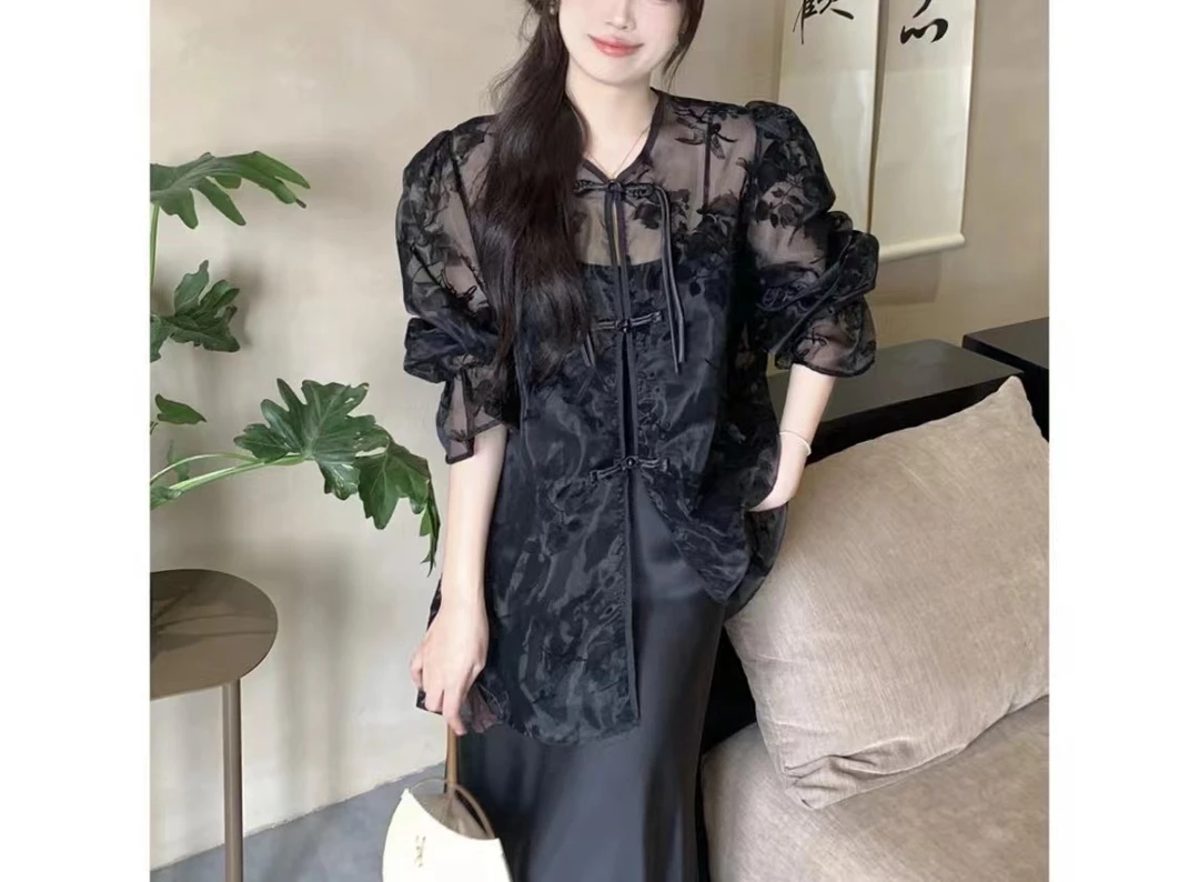 【西町】气质中国风网纱提花刺绣女泡泡袖上衣➕吊带裙两件套#8921