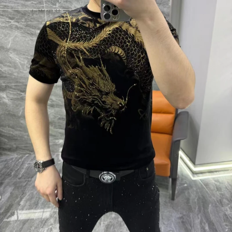 春夏男士丝绒短袖T恤时尚潮流烫钻打底衫修身复古龙年烫金T恤上衣