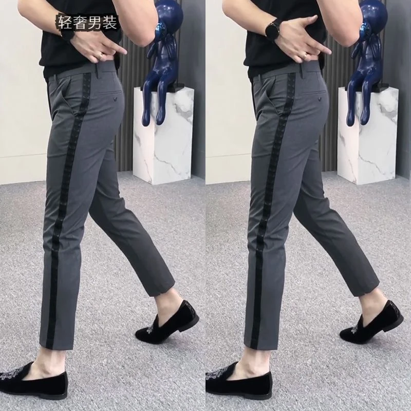 轻奢欧货商务休闲裤男春秋季侧条开叉西装裤百搭修身直筒九分裤子