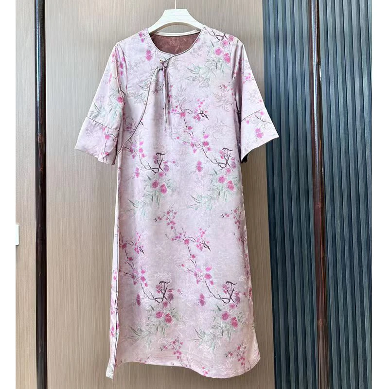 梅兰竹菊盘扣连衣裙女圆领盘扣国风新中式气质宽松提花中长裙