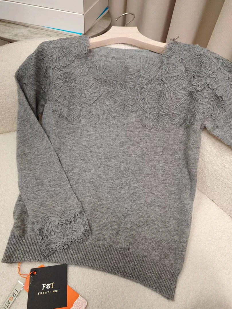 100羊毛法式蕾丝花边拼接打底衫修身上衣百搭时尚气质小衫-MY163