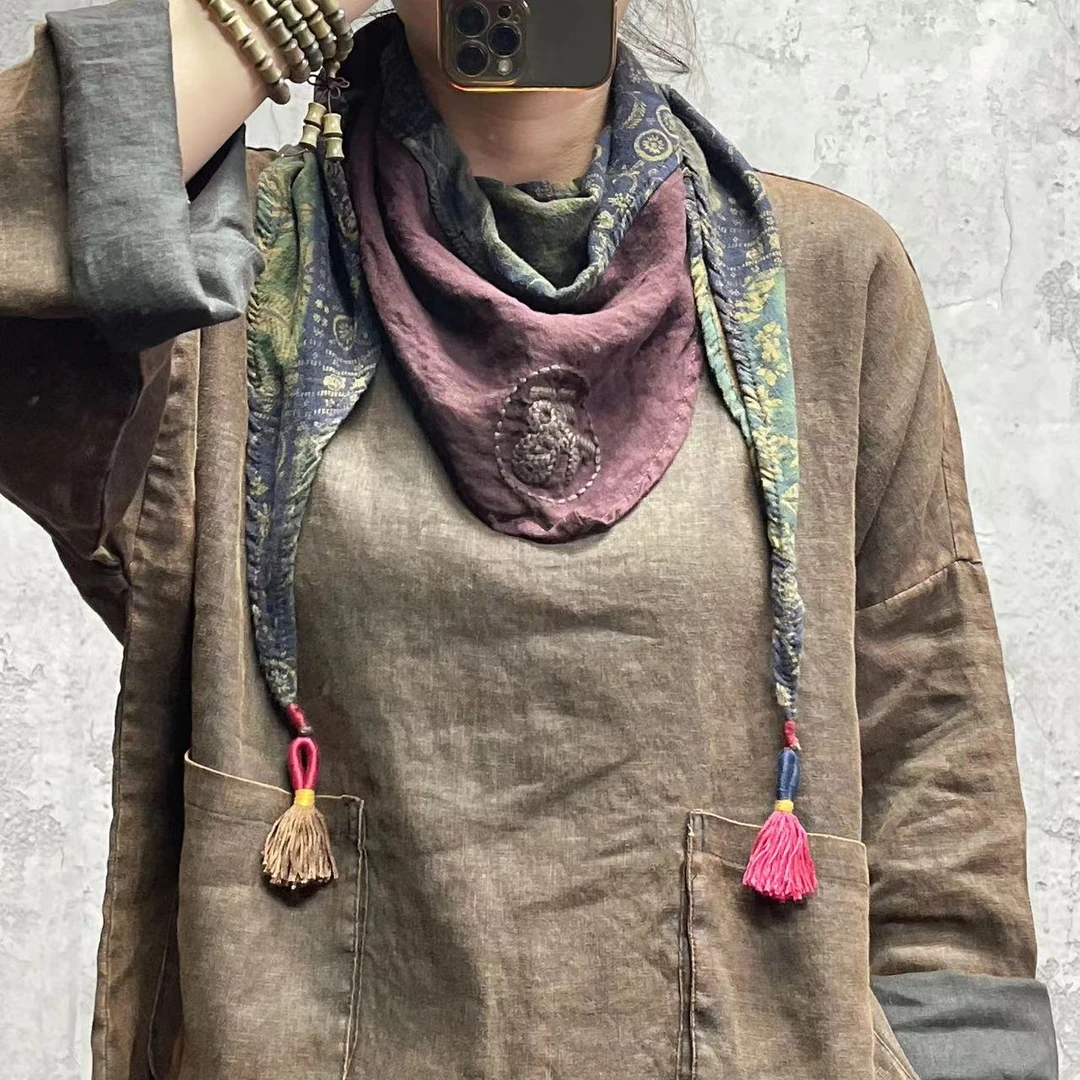 阿祥~原创复古亚麻炒色拼接三角巾