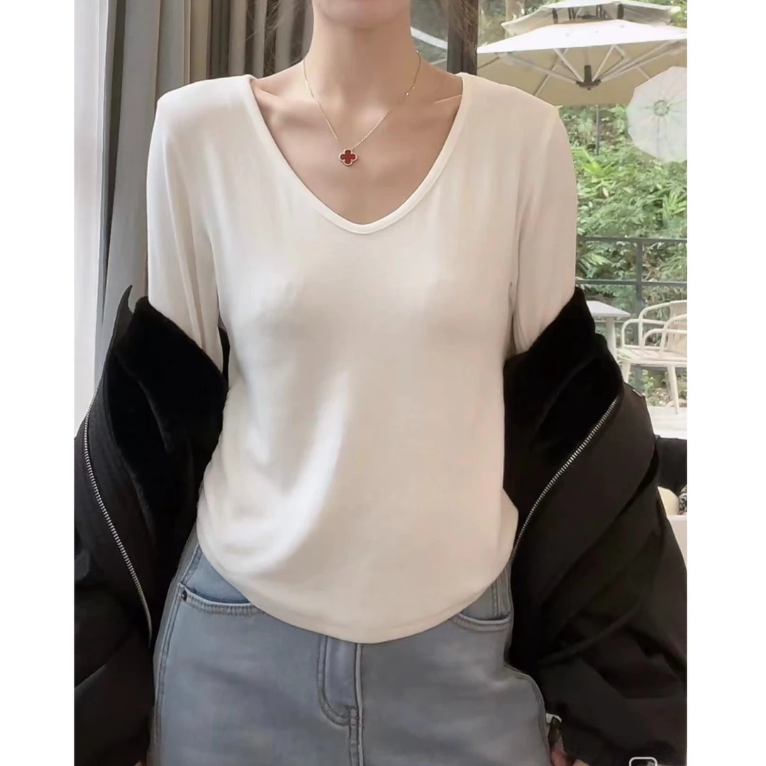 诗诗严选-纯色百搭透气V领T恤女长袖秋季显瘦内搭打底衫上衣2557