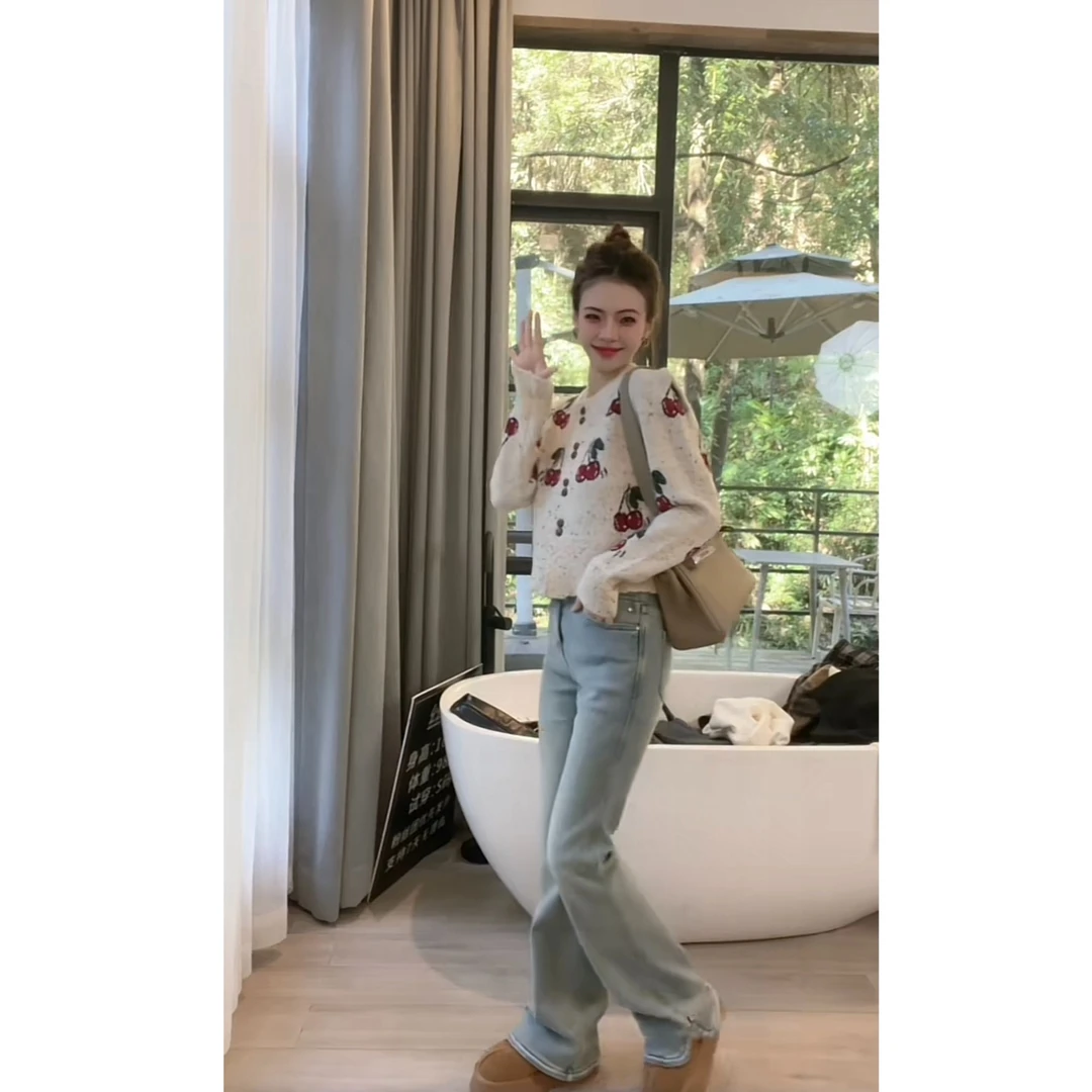 诗诗严选-腿精马蹄裤高腰显瘦百搭设计感加绒微喇牛仔裤2300-1