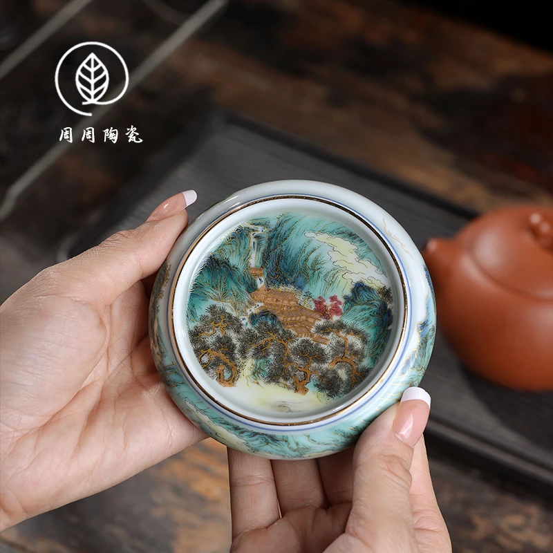 景德镇珐琅彩山水盖置复古杯垫小紫砂壶盖托壶承家用茶道零配件
