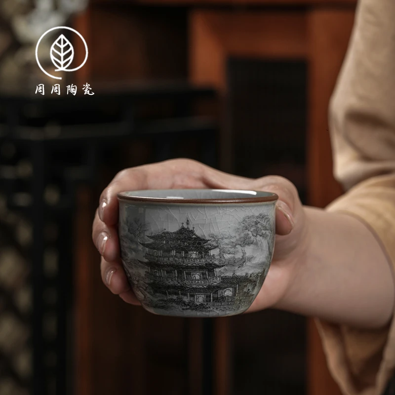 景德镇陶泥墨彩滕王阁主人杯缸杯开片可养茶杯陶瓷家用个人专用杯