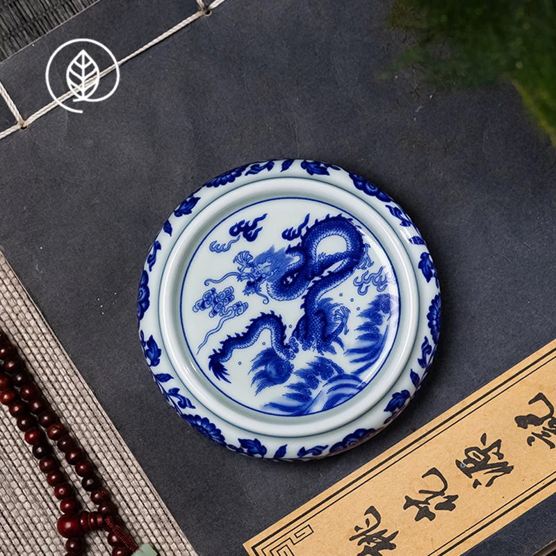 景德镇复古青花龙纹盖置陶瓷壶承中式杯垫紫砂壶盖托功夫茶具配件