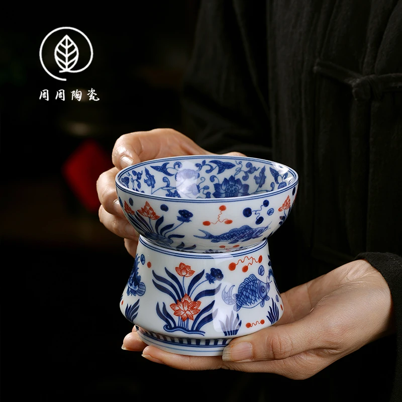 景德镇复古青花瓷鱼藻纹茶漏陶瓷茶滤家用茶隔全瓷一体茶叶过滤网