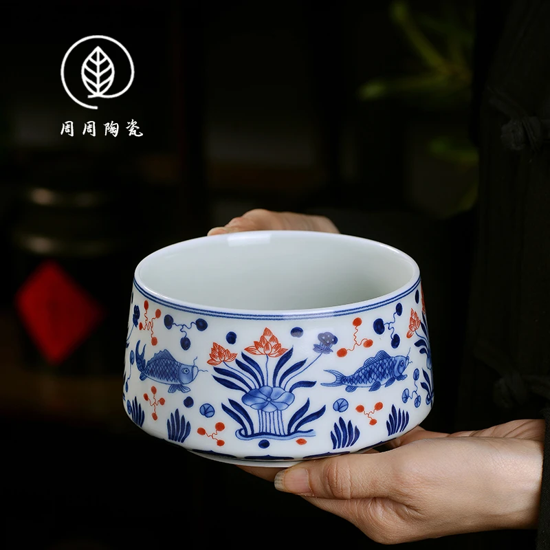 景德镇青花鱼藻纹茶洗水盂家用茶渣缸陶瓷水洗杯废水缸茶道零配件