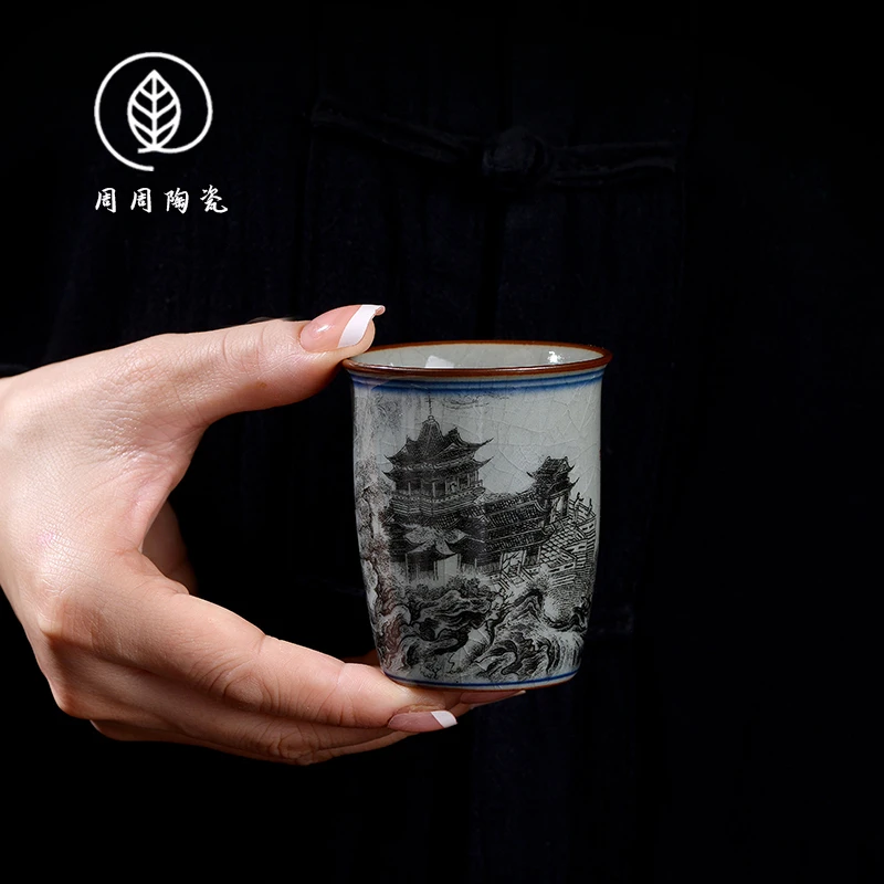 景德镇陶泥墨彩鹳雀楼主人杯陶瓷手工仿古单杯个人专用杯高档茶杯